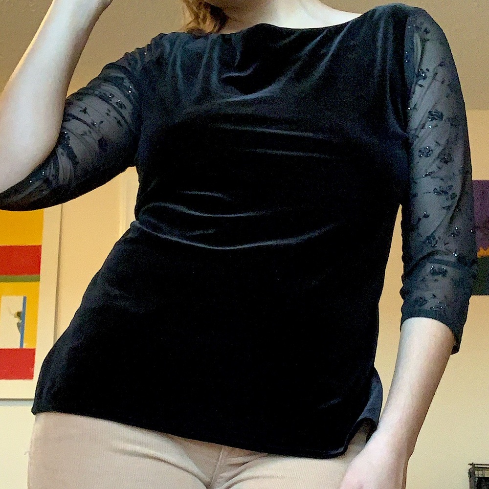 Black stretch velvet top with sheer sleeves